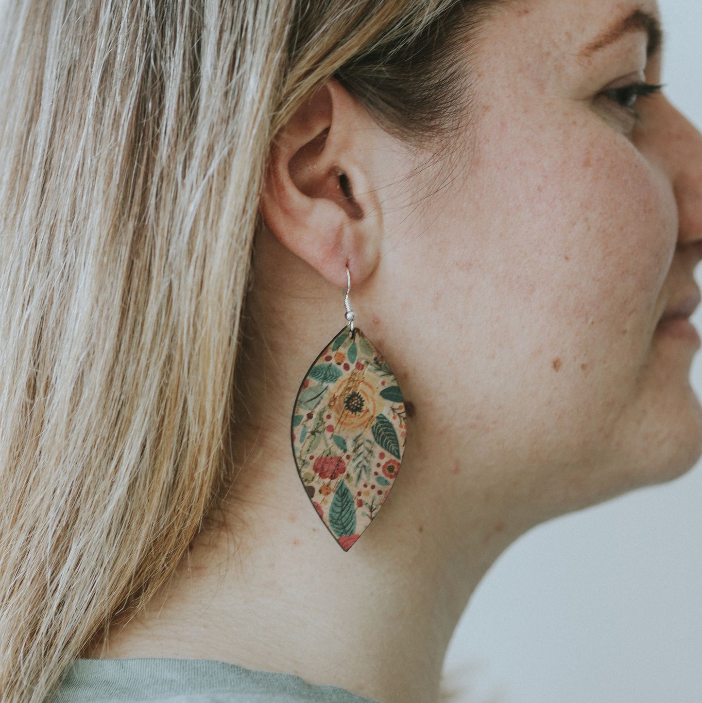 Green and Pink Floral Cork Earrings - Leaf