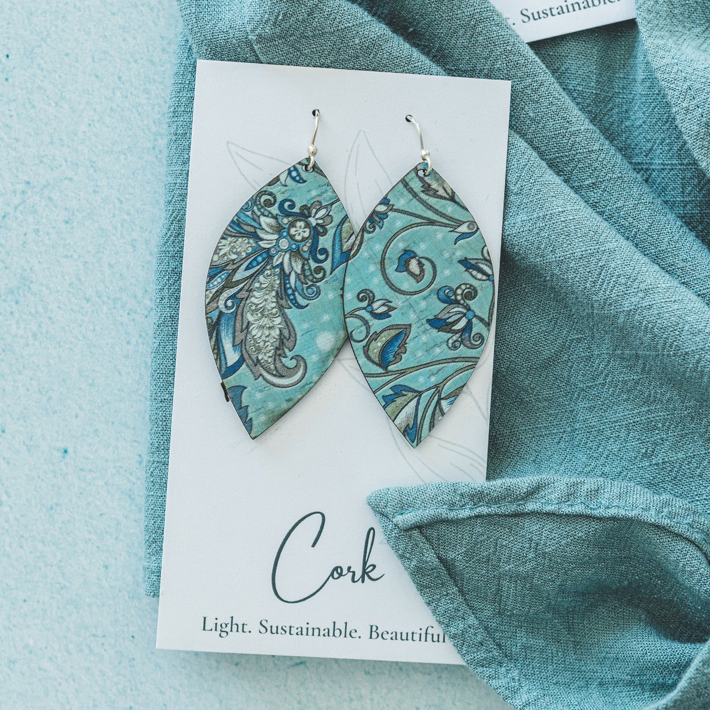 Olive and Teal Floral Cork Earrings - Leaf