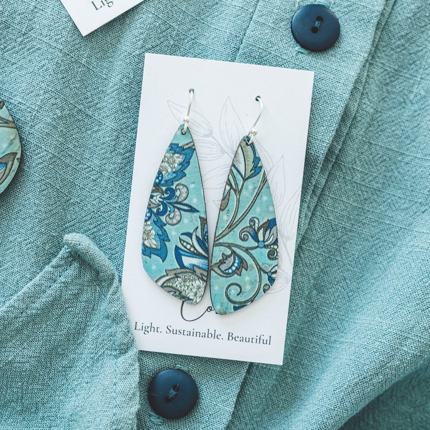 Olive and Teal Floral Cork Earrings - Small Wing