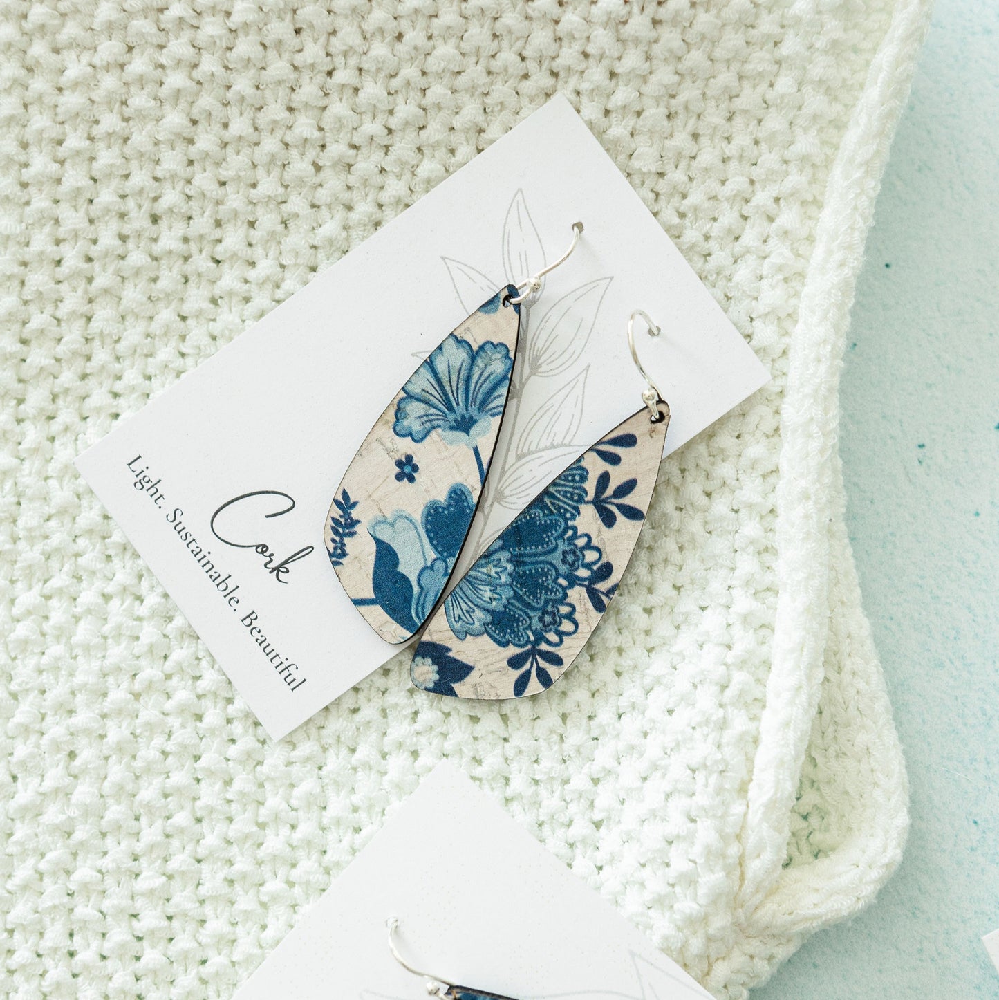 Blue and White Floral Cork Earrings - Small Wing