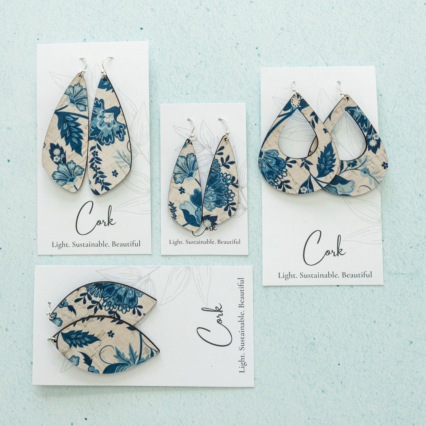 Blue and White Floral Cork Earrings - Teardrop