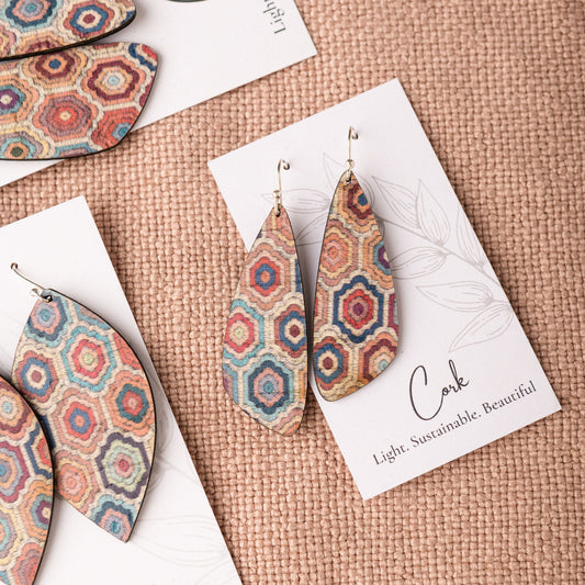 Embroidered Hexagons Cork Earrings - Small Wing