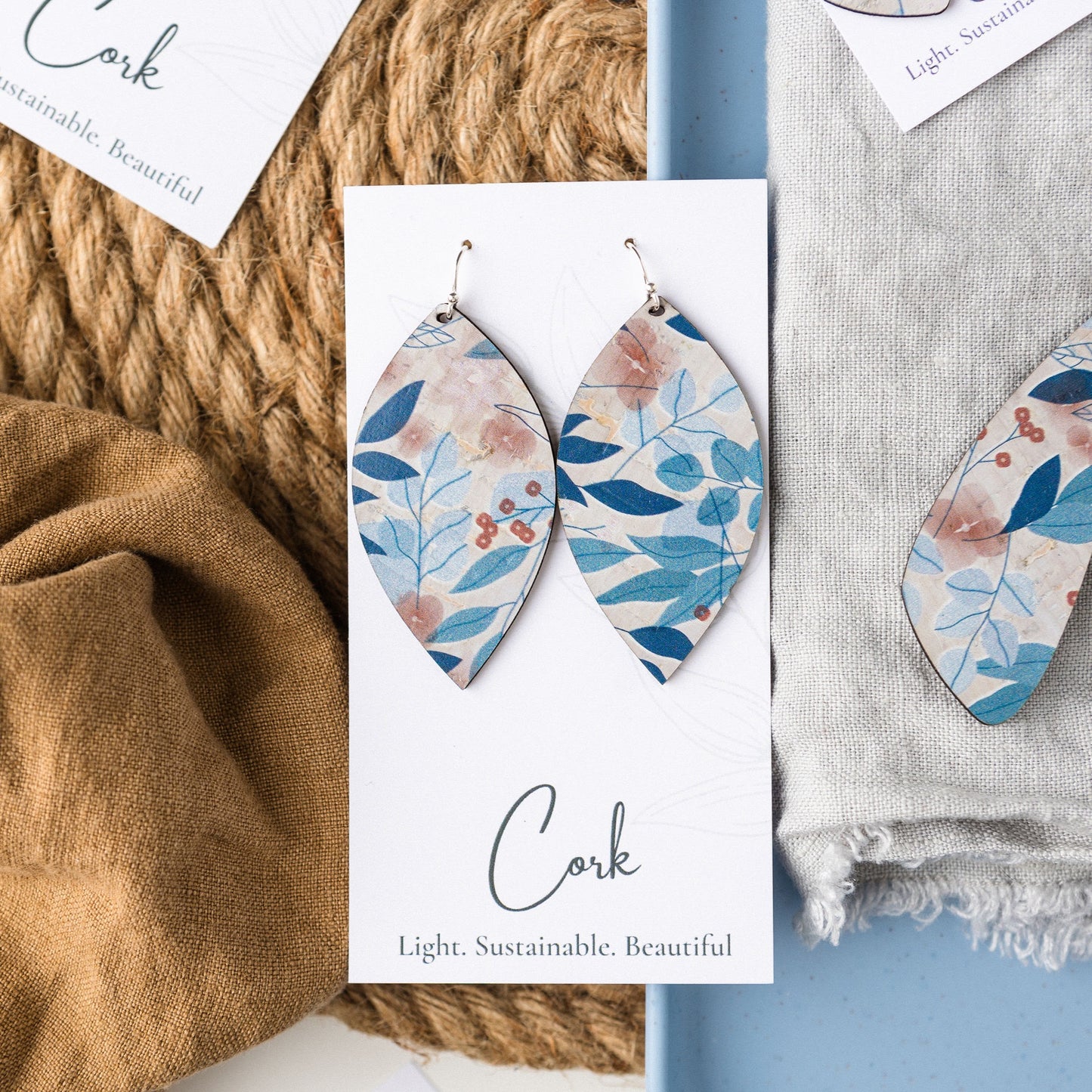 Blue Fall Leaves Cork Earrings - Leaf