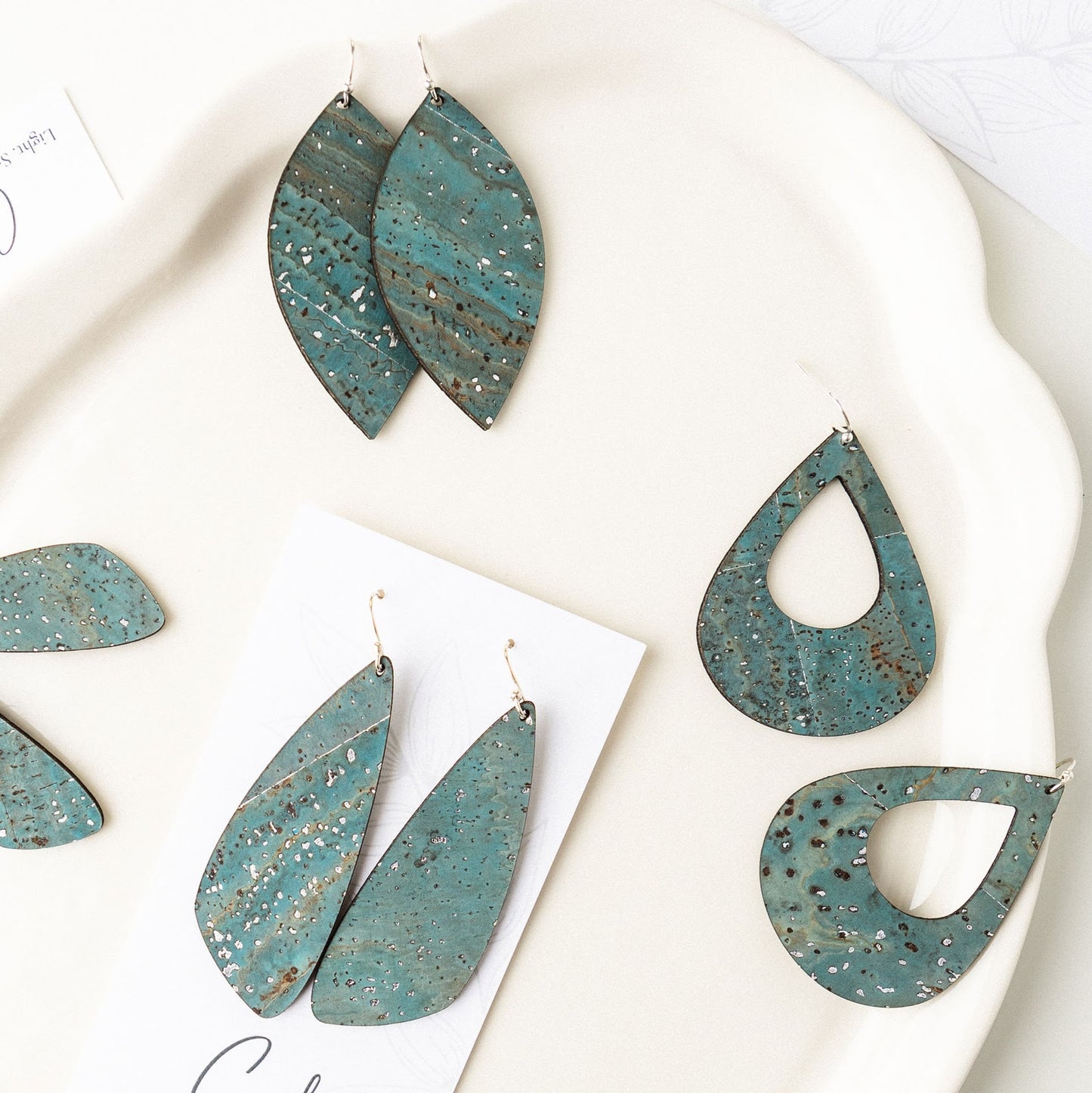 Sea Blue with Silver Flecks Cork Earrings - Wing