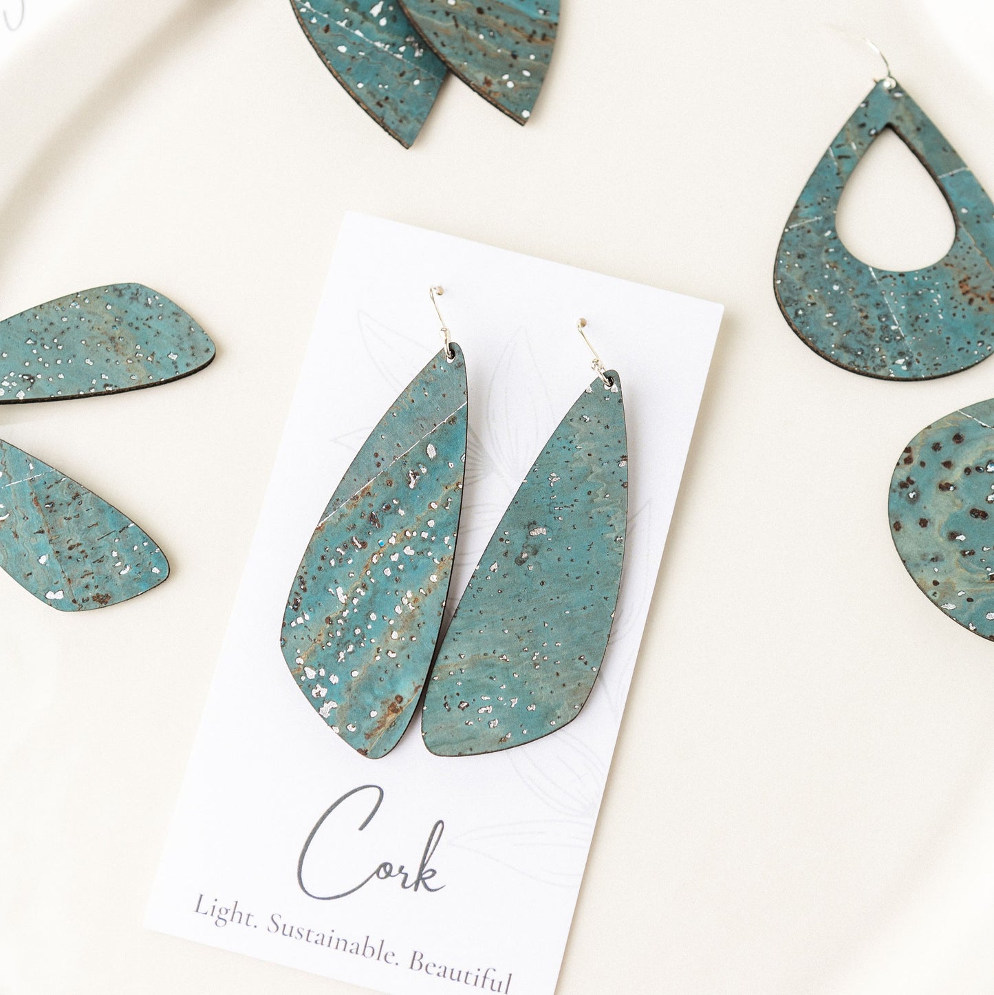 Sea Blue with Silver Flecks Cork Earrings - Wing