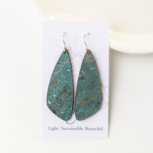 Sea Blue with Silver Flecks Cork Earrings - Small Wing