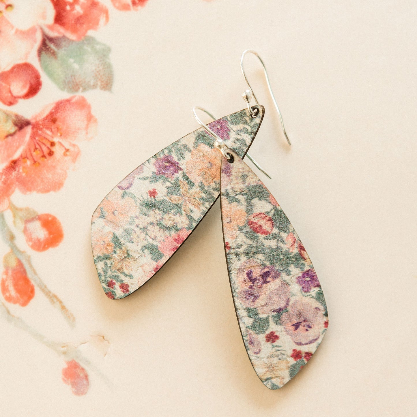 Pink Pansies Cork Earrings - Small Wing