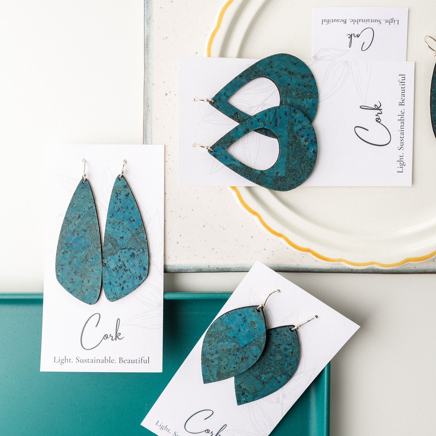 Deep Teal Cork Earrings - Wing