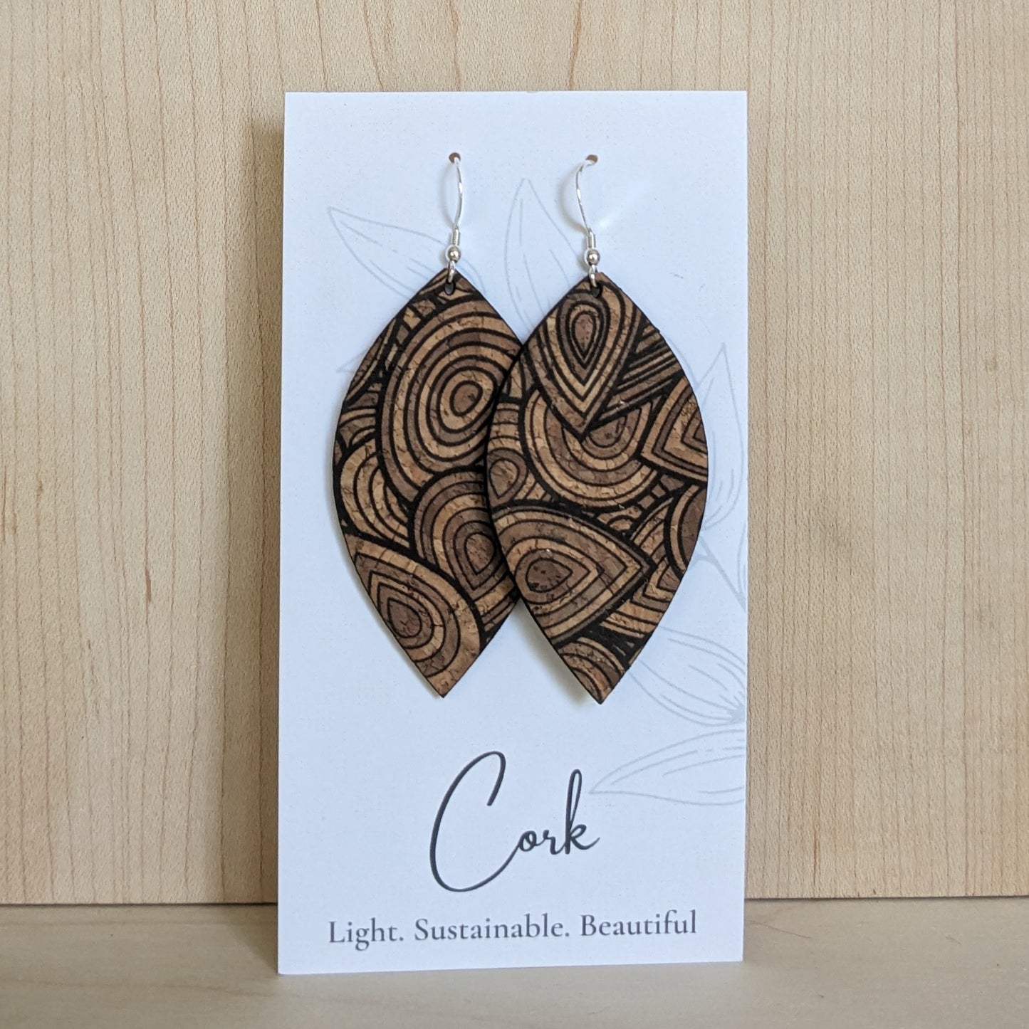 Natural with Wood Grain Cork Earrings - Leaf