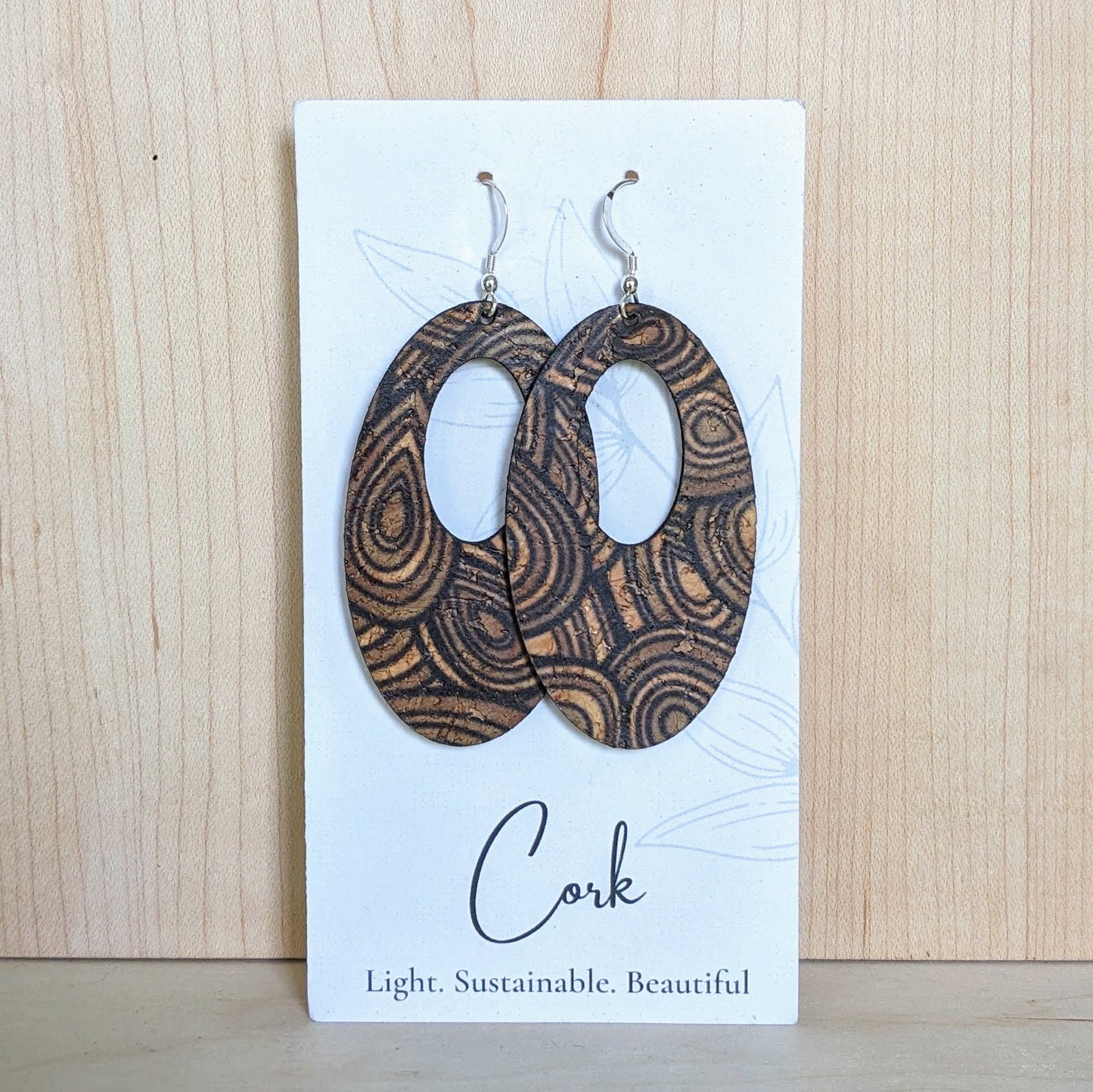 Natural with Wood Grain Cork Earrings - Oval