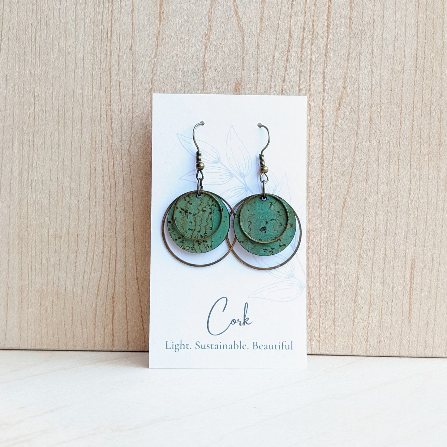 Small Round Cork Earrings with Brass Circles