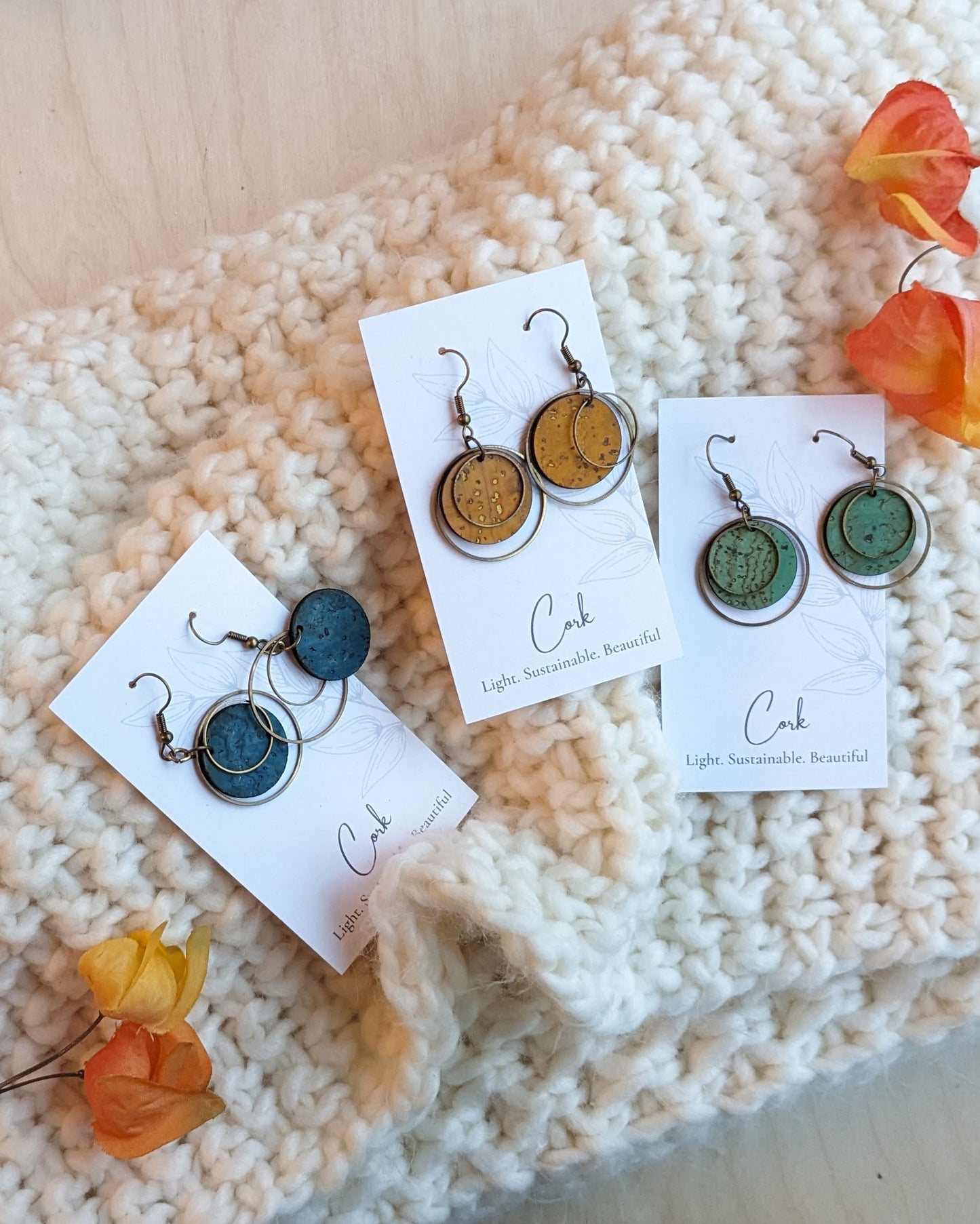 Small Round Cork Earrings with Brass Circles