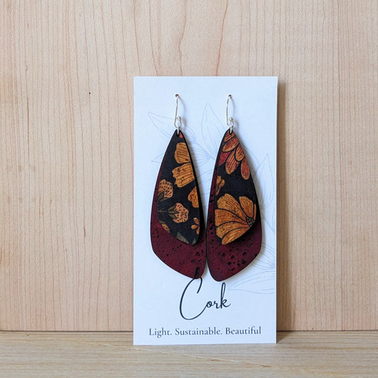 Wine and Floral on Black Cork Earrings