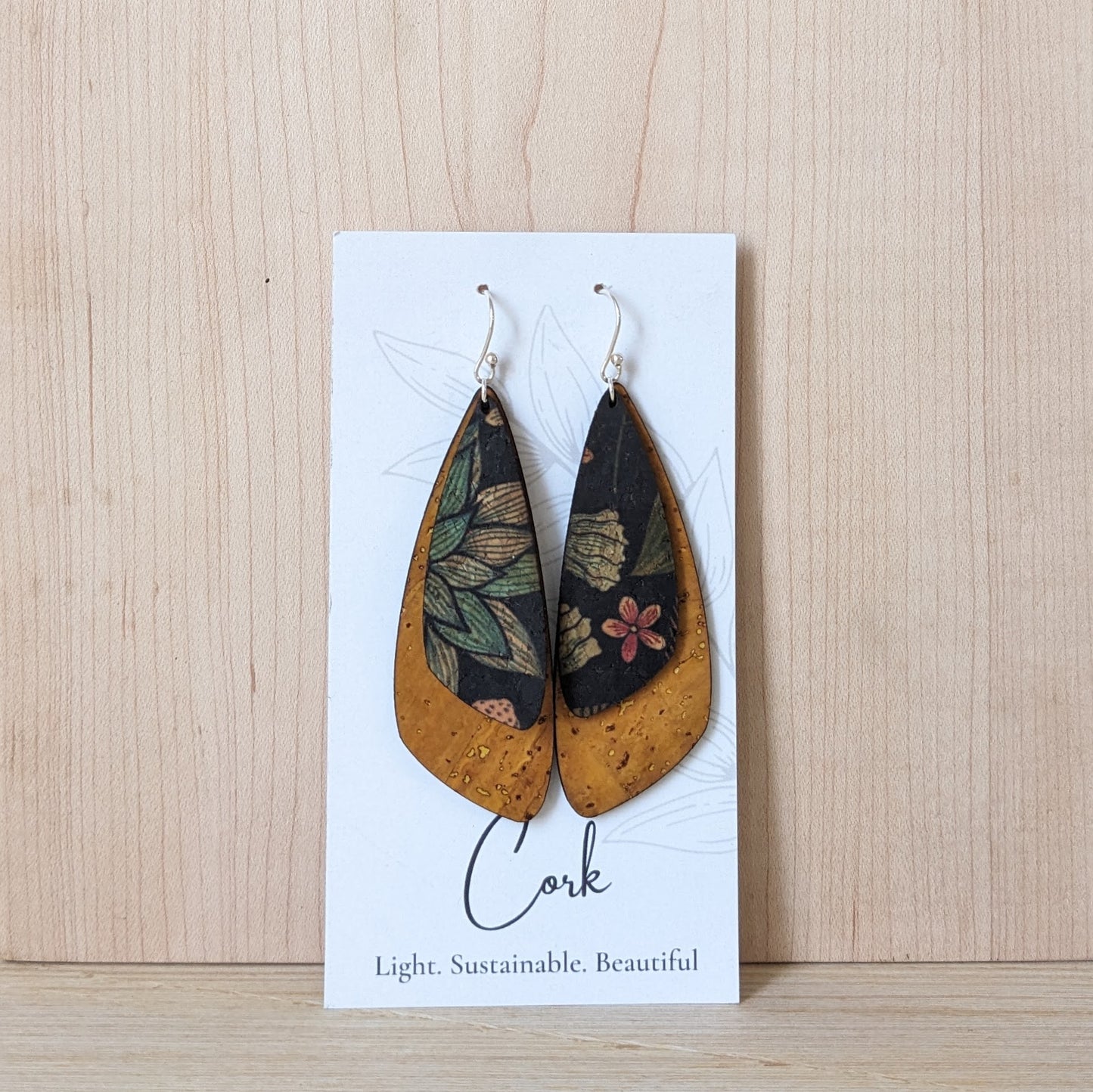 Ochre and Floral on Black Cork Earrings