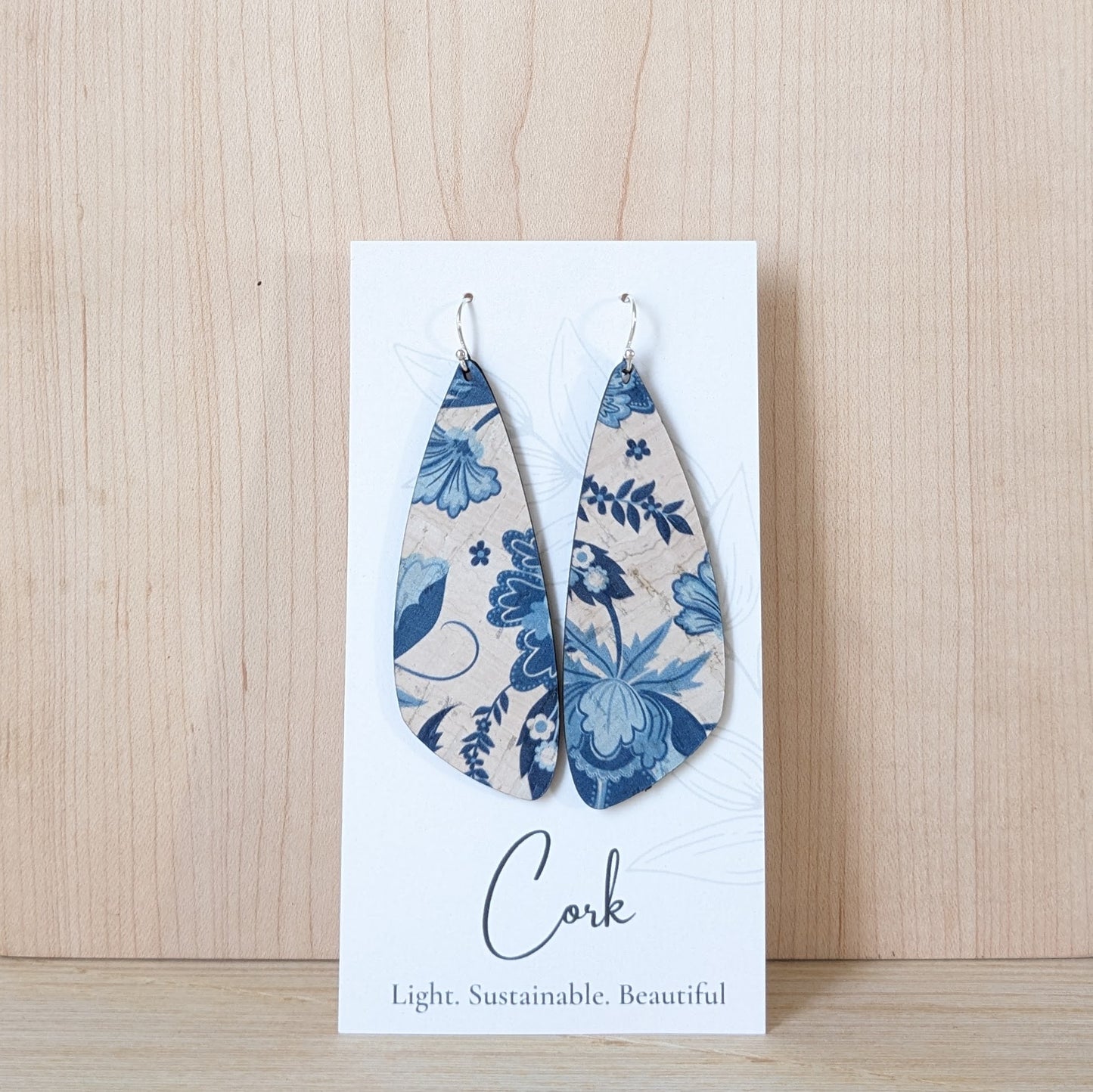 Blue and White Floral Cork Earrings - Wing