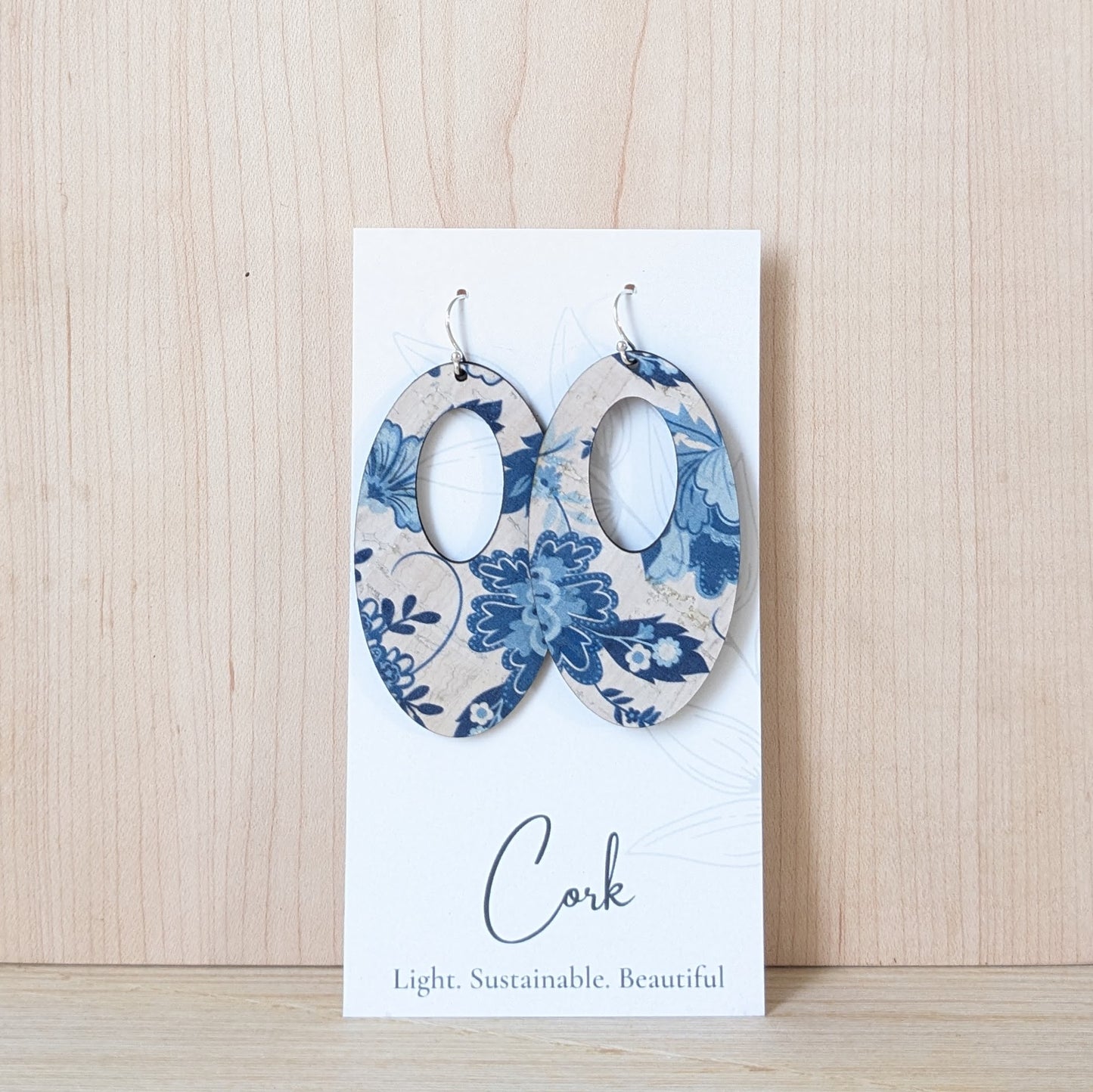 Blue and White Floral Cork Earrings - Oval