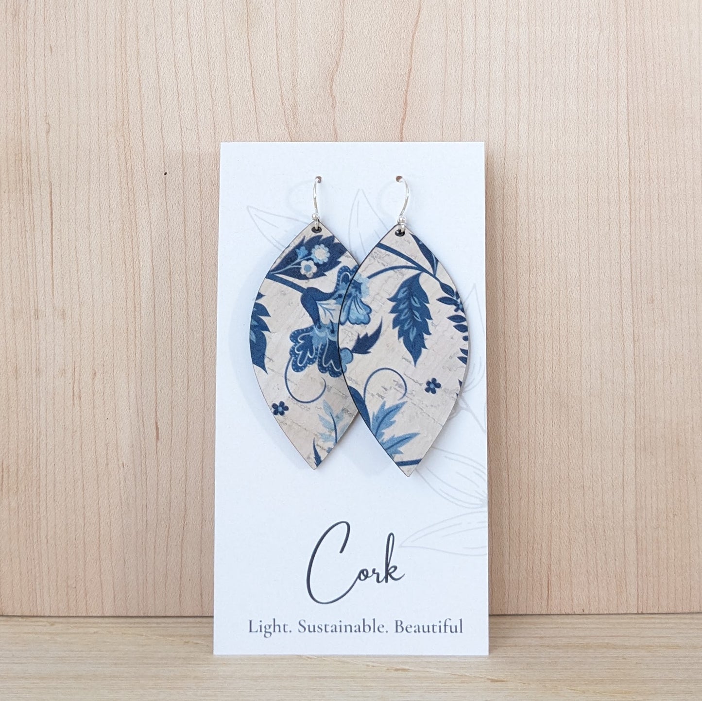 Blue and White Floral Cork Earrings - Leaf