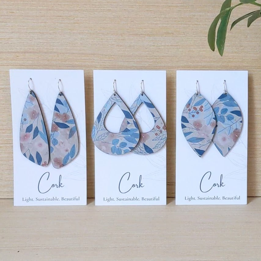 Blue Fall Leaves Cork Earrings - Leaf