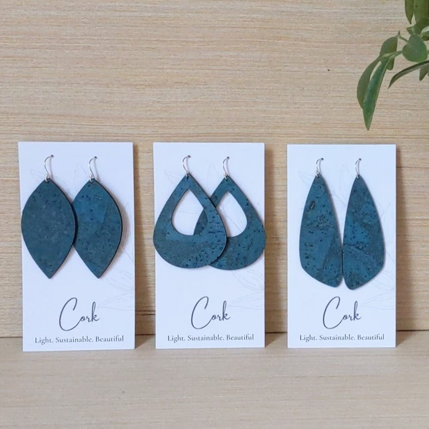 Deep Teal Cork Earrings - Branch of Leaves