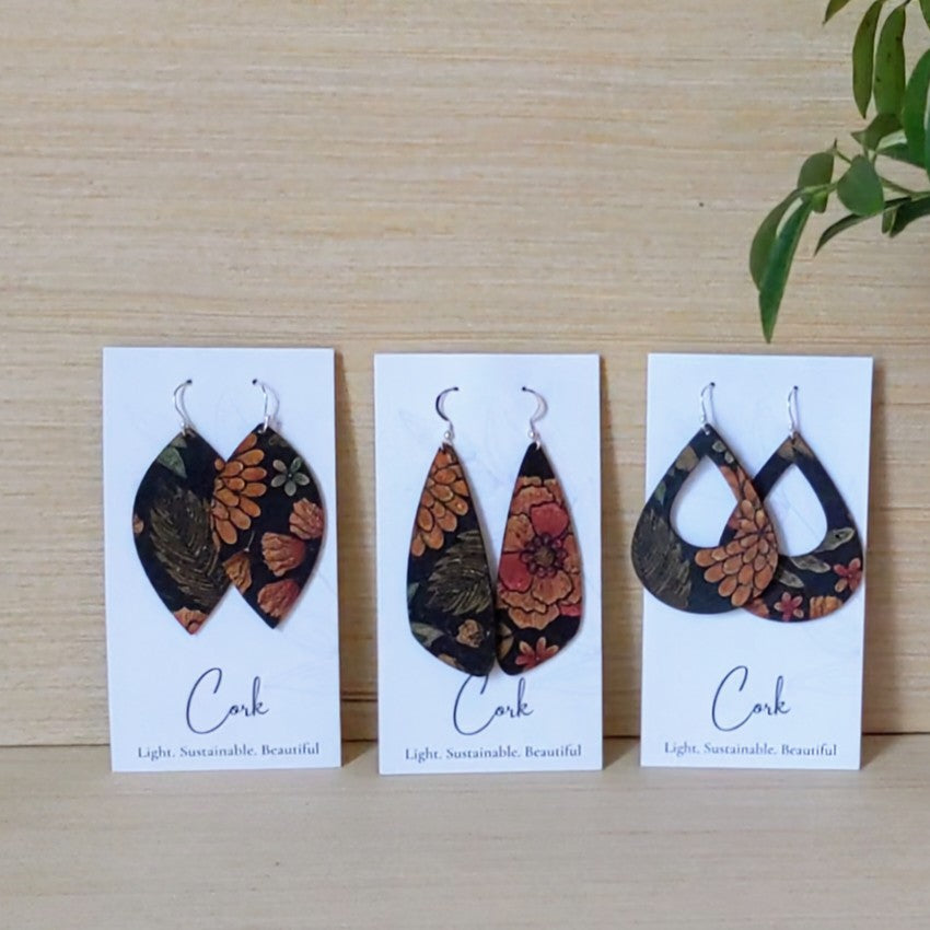 Floral on Black Cork Earrings - Small Wing