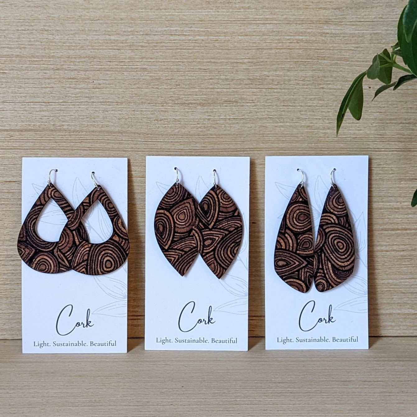 Natural with Wood Grain Cork Earrings - Leaf