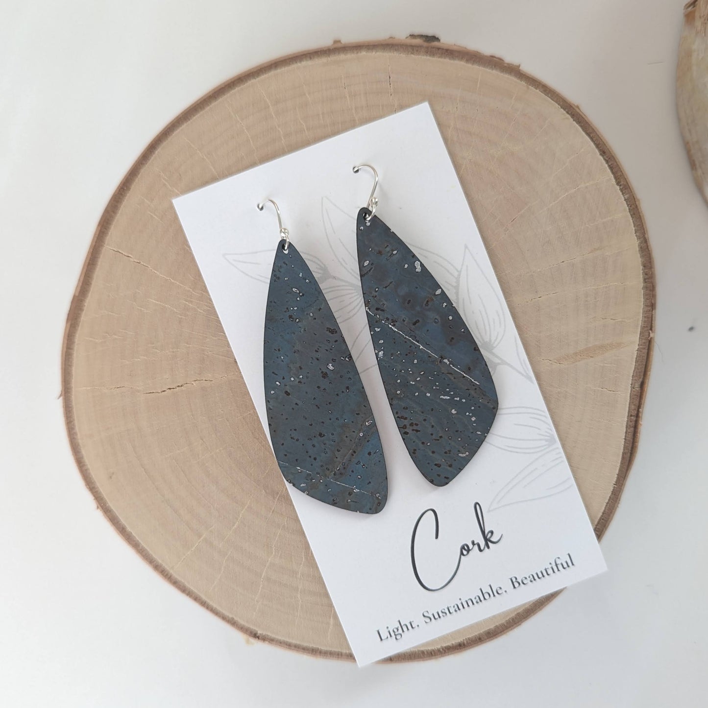 Sea Blue with Silver Flecks Cork Earrings - Wing