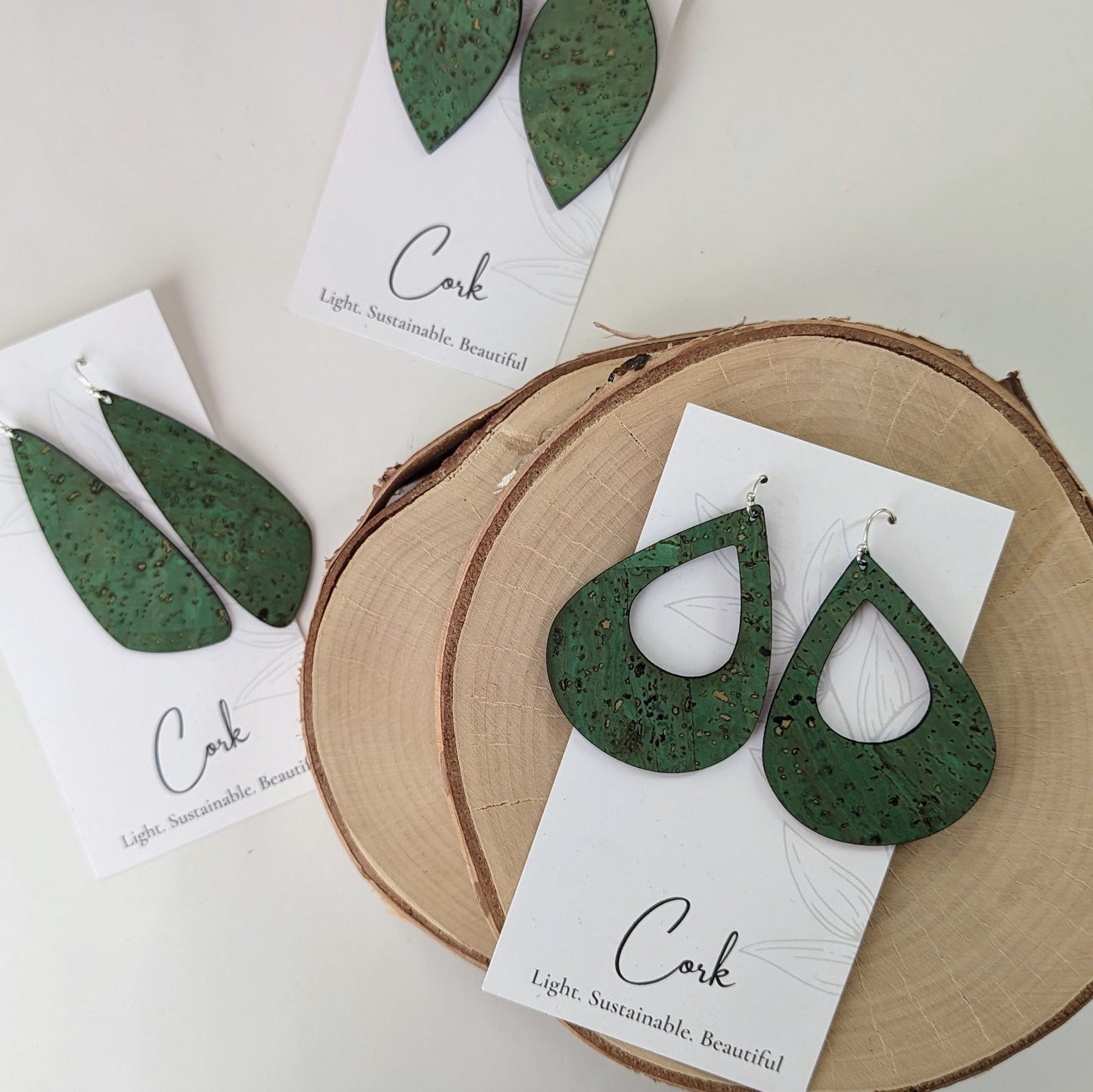 Grass Green Cork Earrings - Small Wing