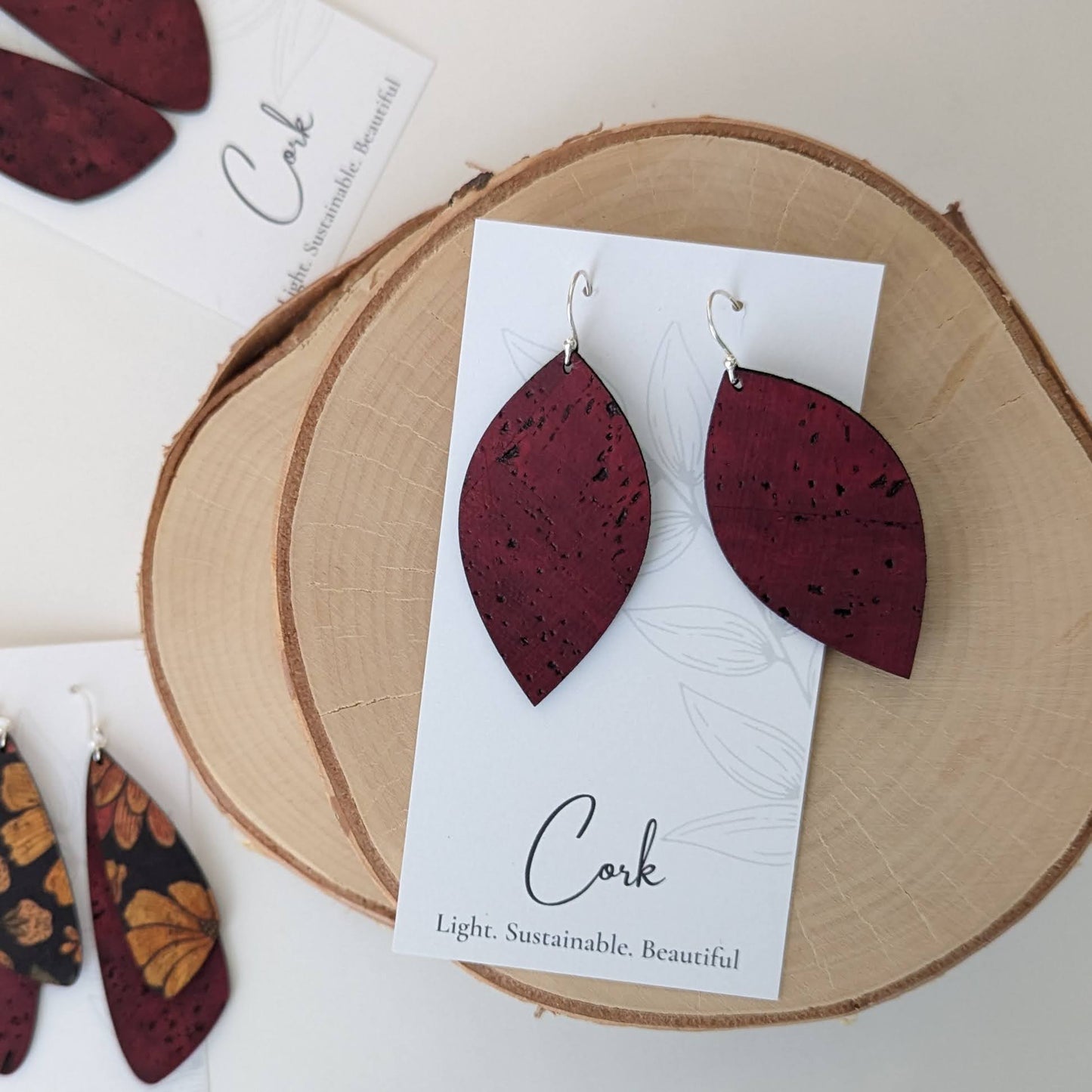 Wine Red Cork Earrings - Leaf
