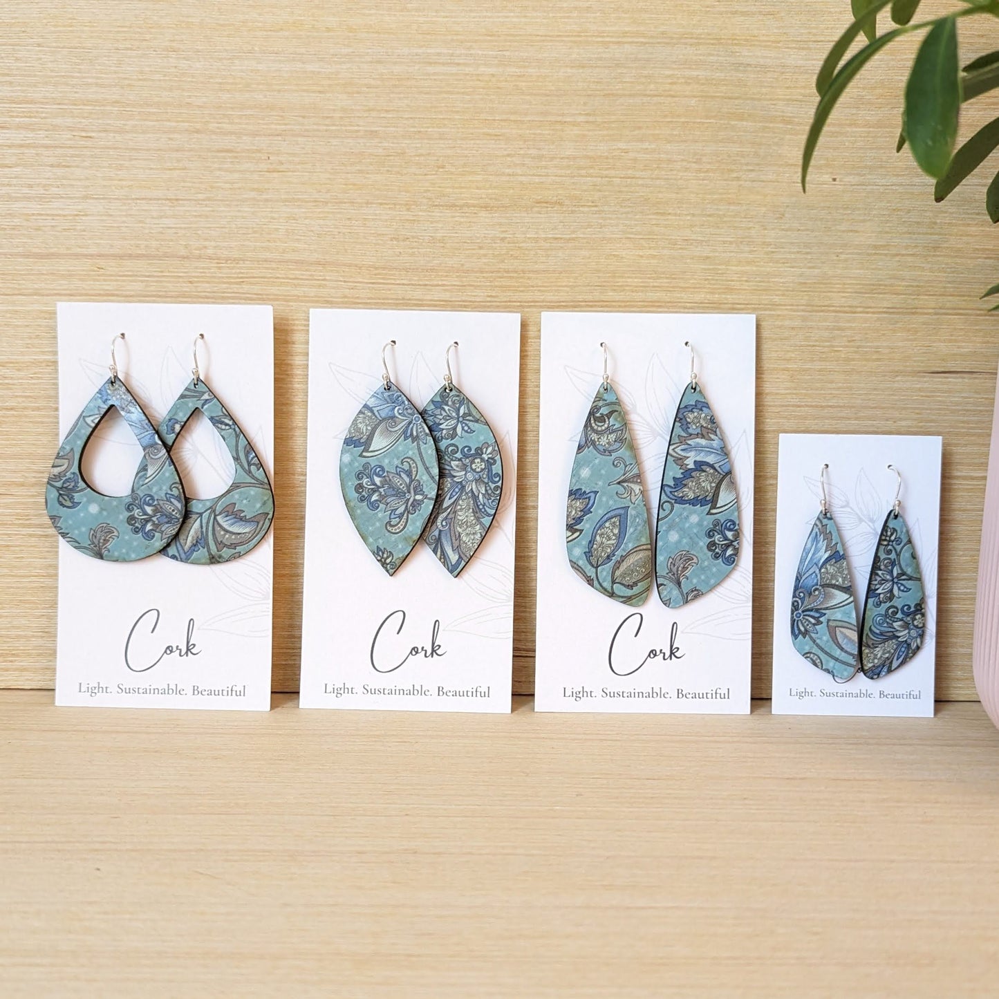 Olive and Teal Floral Cork Earrings - Small Wing