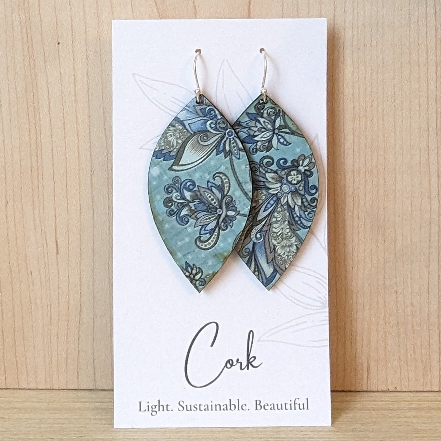 Olive and Teal Floral Cork Earrings - Leaf