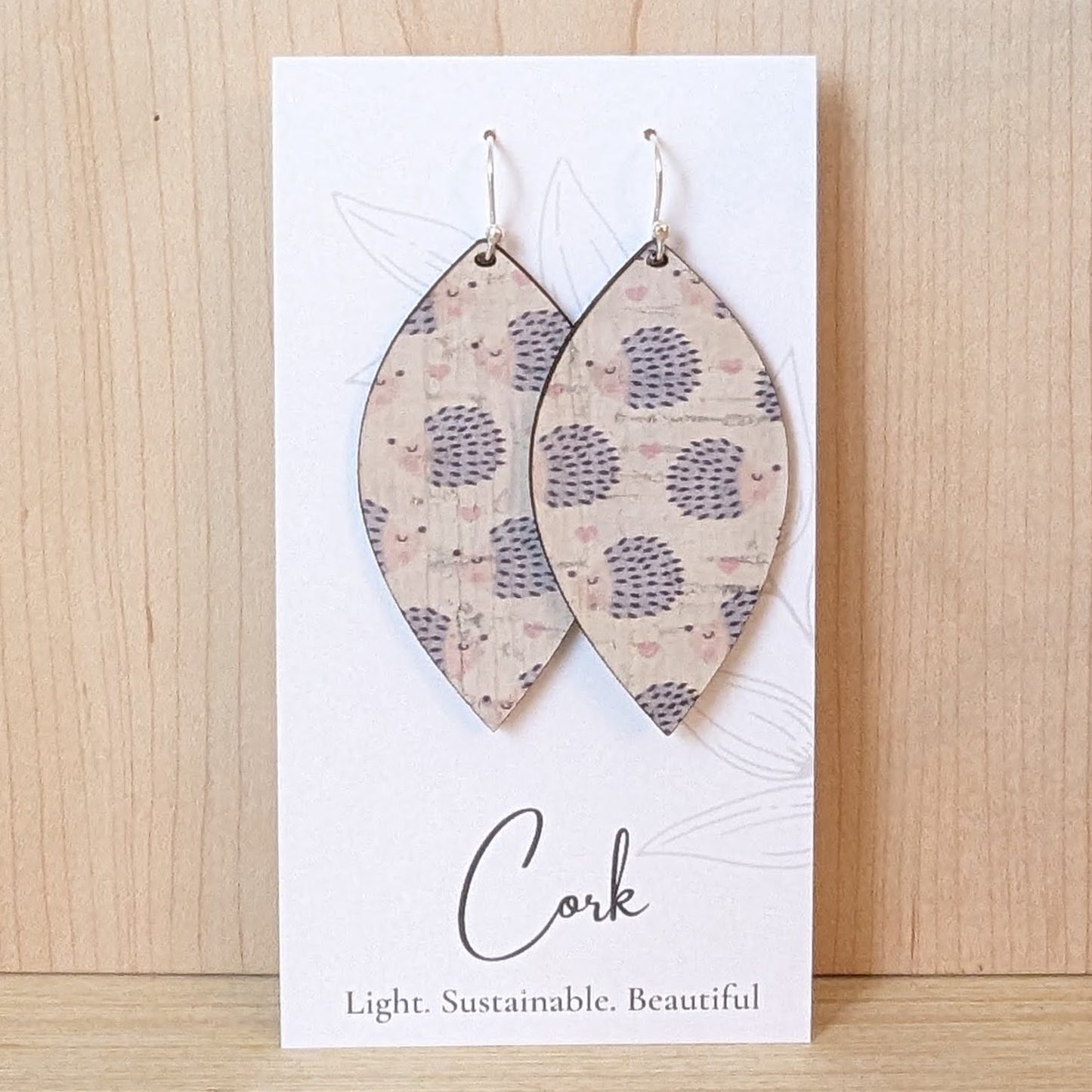 Hedgehog and Heart Cork Earrings - Leaf