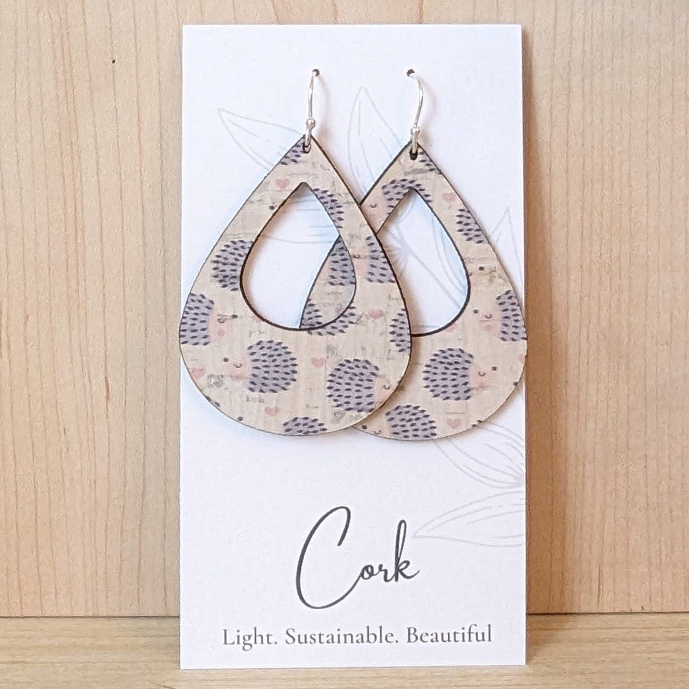 Hedgehog and Heart Cork Earrings - Teardrop