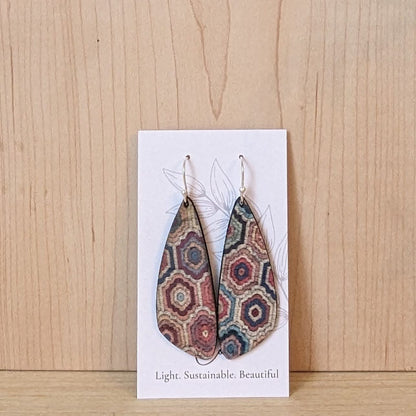 Embroidered Hexagons Cork Earrings - Small Wing