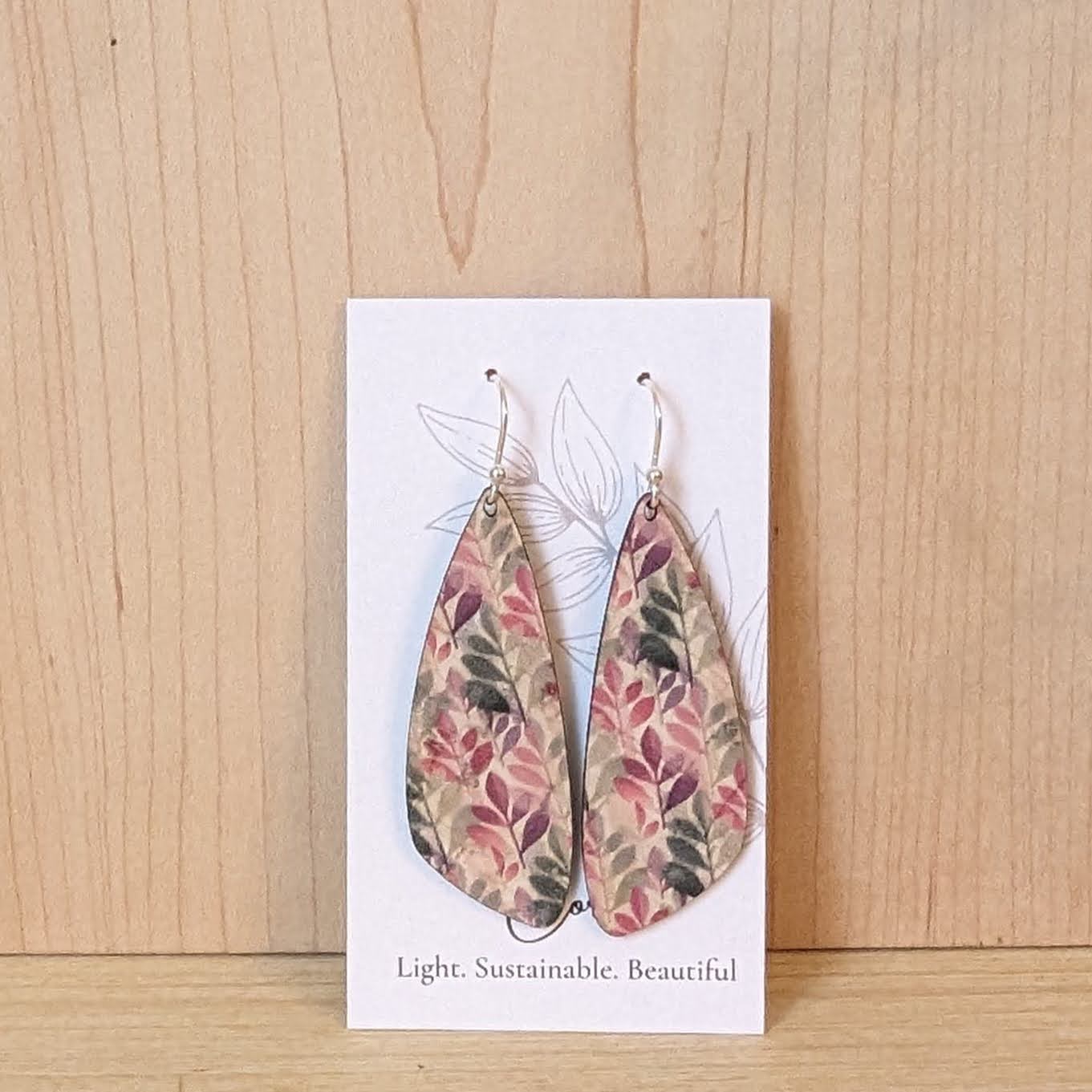 Green and Fuchsia Leaves Cork Earrings - Small Wing