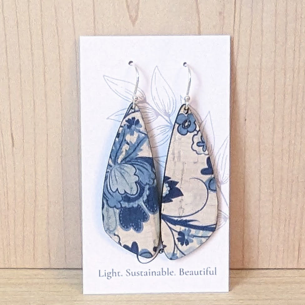 Blue and White Floral Cork Earrings - Small Wing