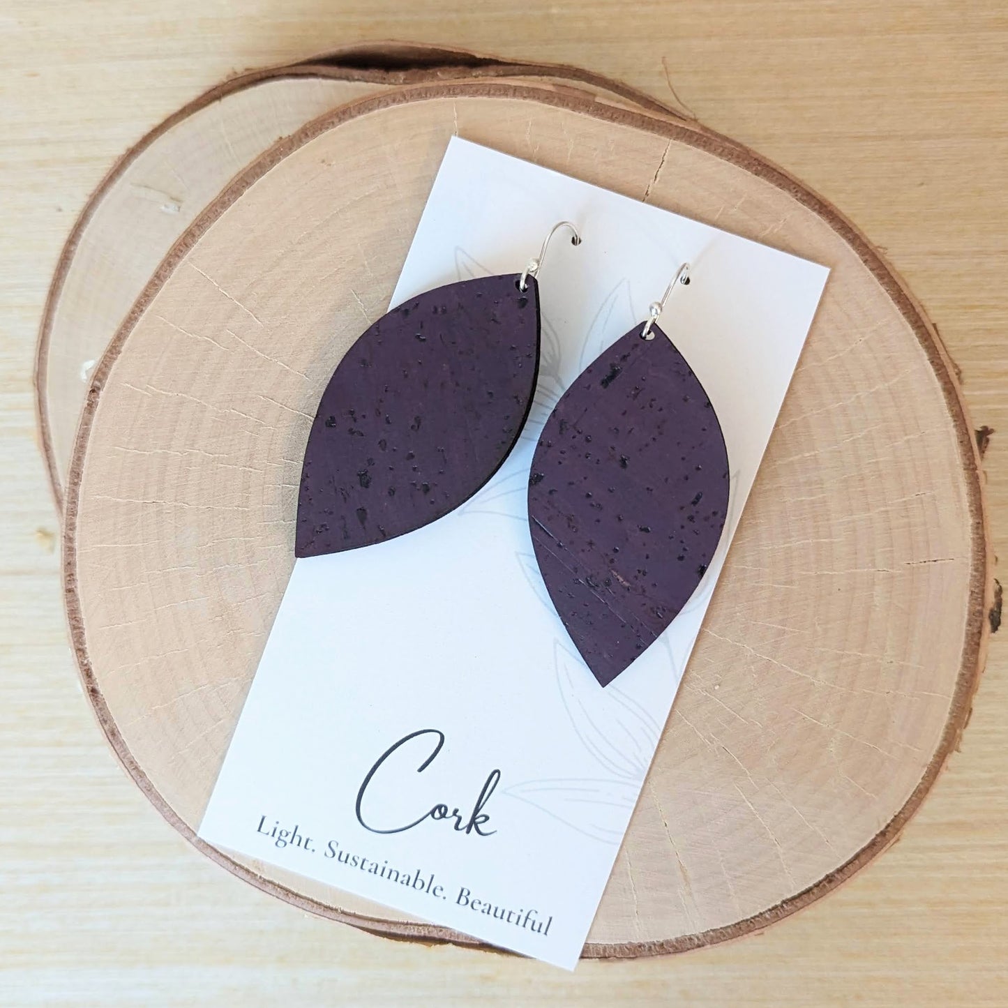 Eggplant Purple Cork Earrings - Leaf