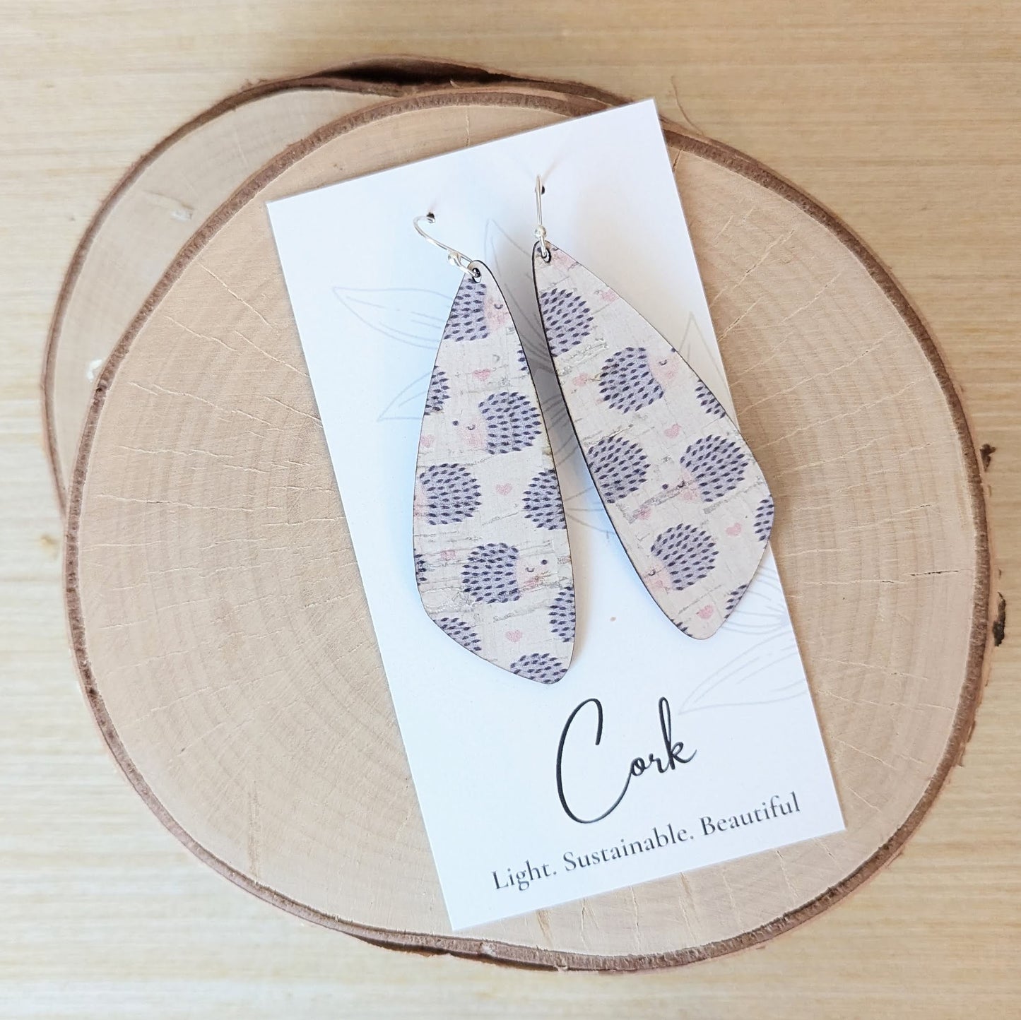 Hedgehog and Heart Cork Earrings - Wing