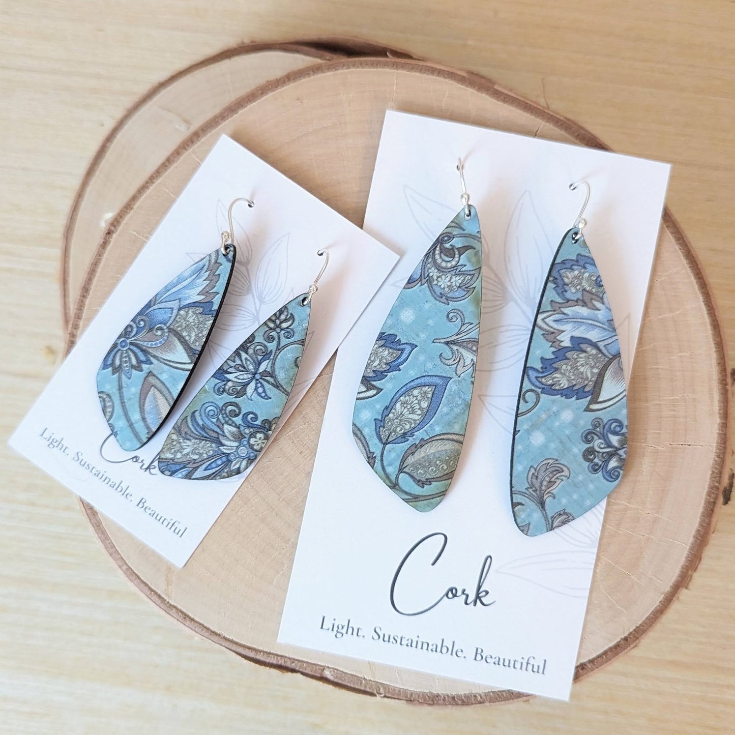 Olive and Teal Floral Cork Earrings - Small Wing