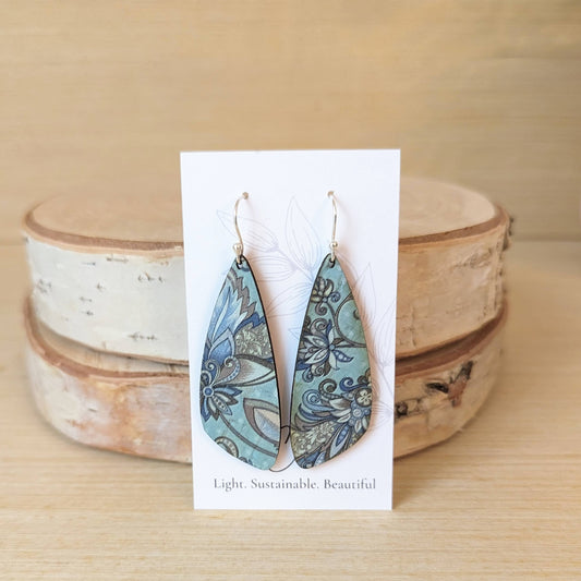 Olive and Teal Floral Cork Earrings - Small Wing
