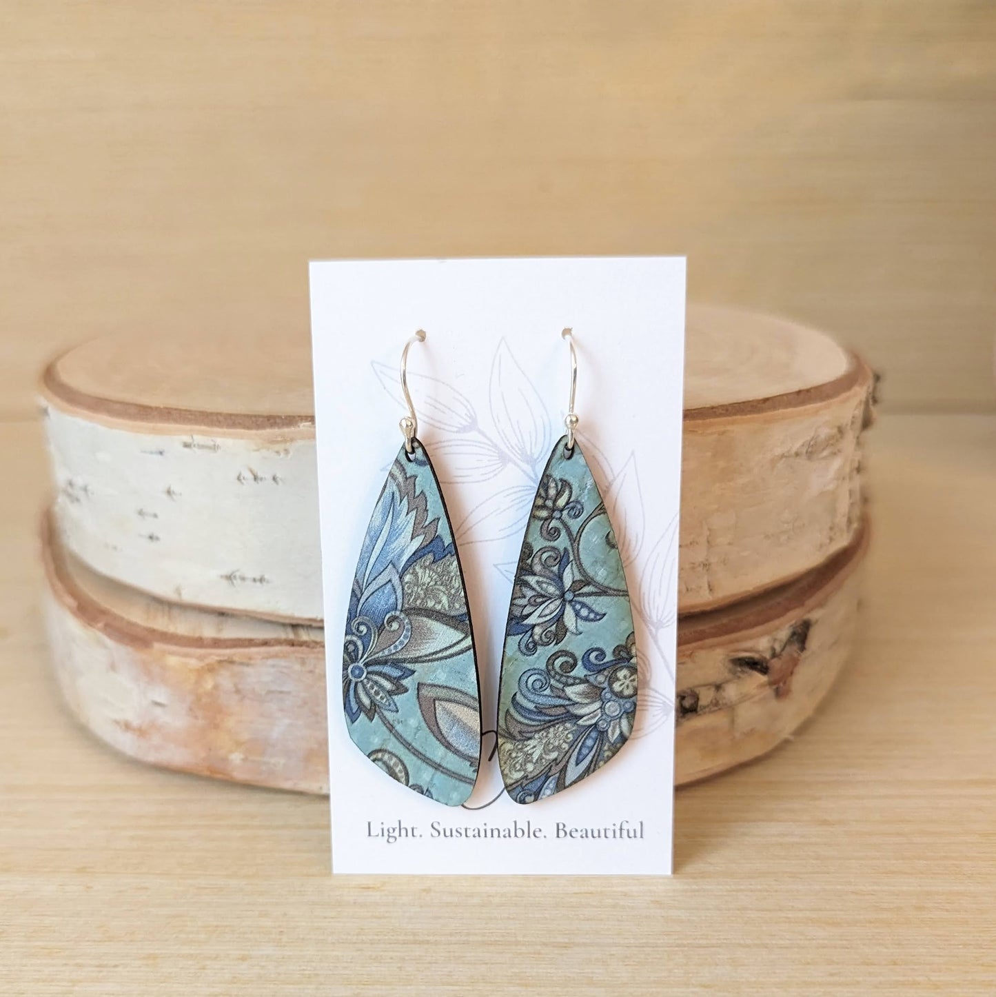 Olive and Teal Floral Cork Earrings - Small Wing