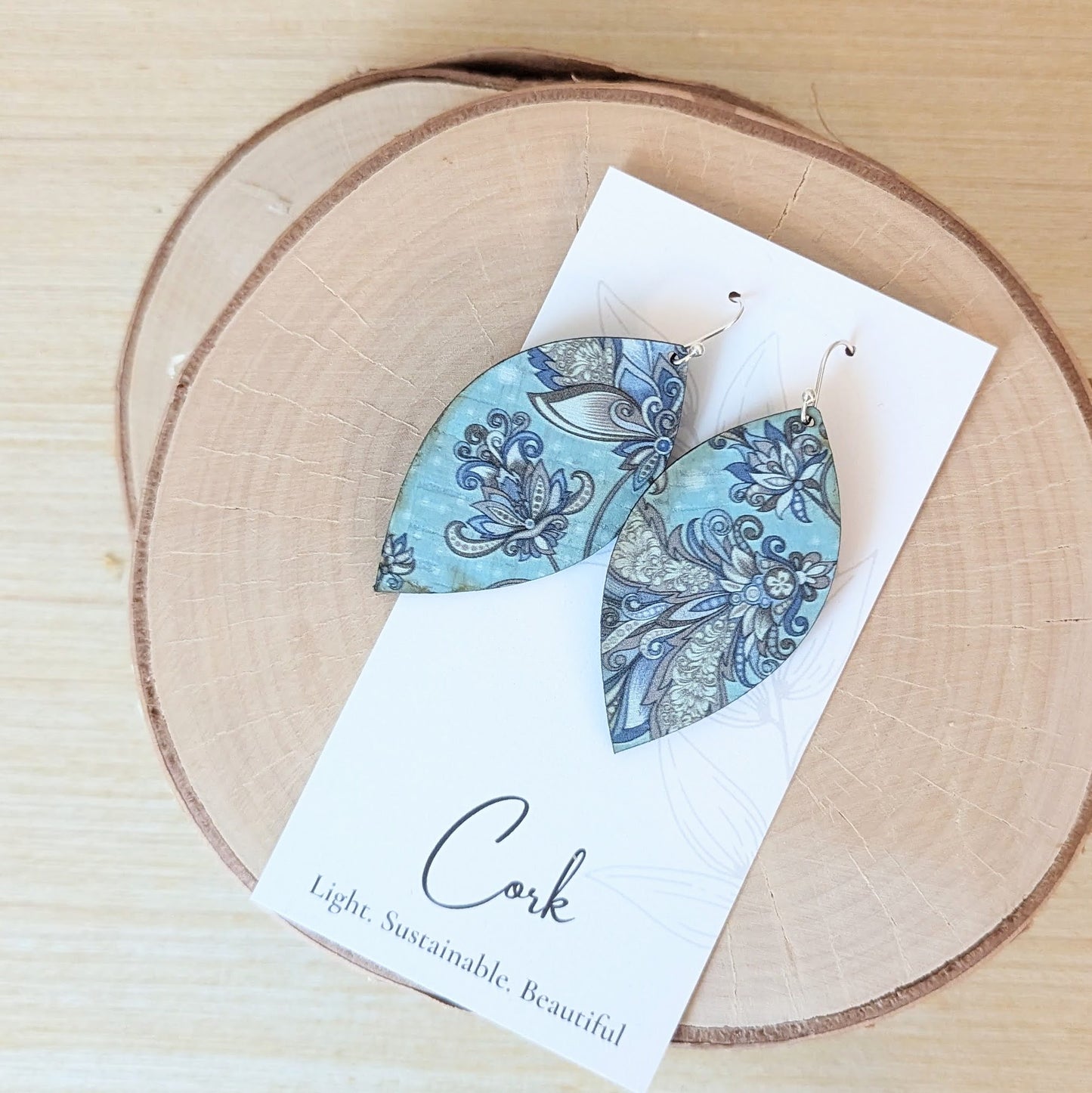 Olive and Teal Floral Cork Earrings - Leaf