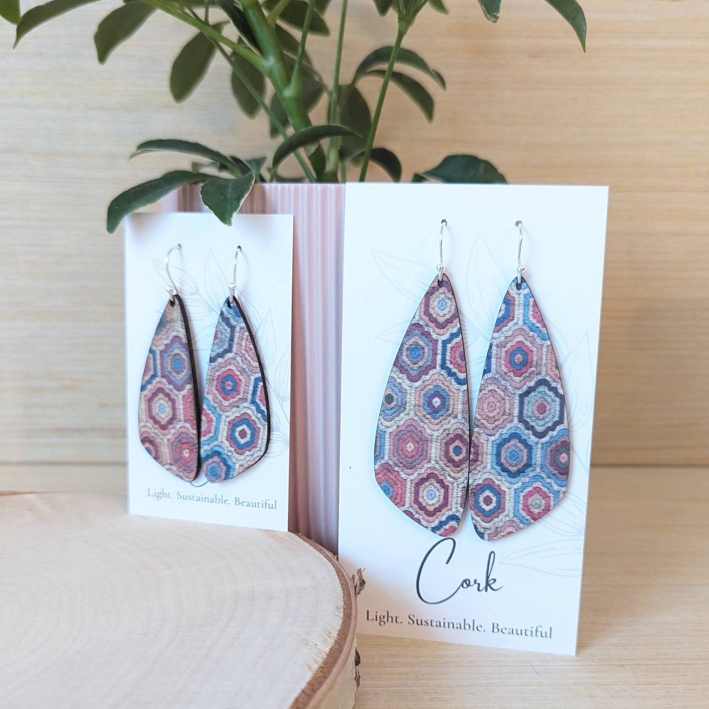 Embroidered Hexagons Cork Earrings - Small Wing