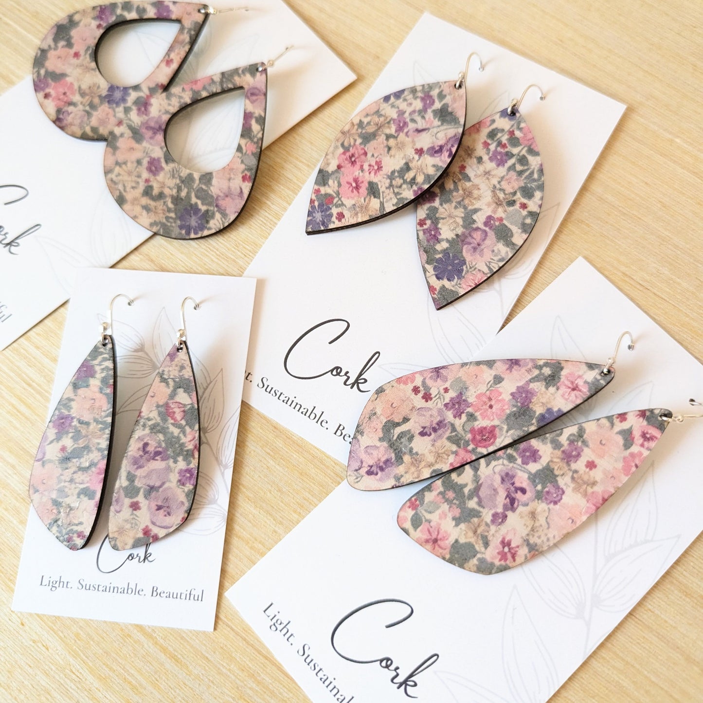 Pink Pansies Cork Earrings - Leaf