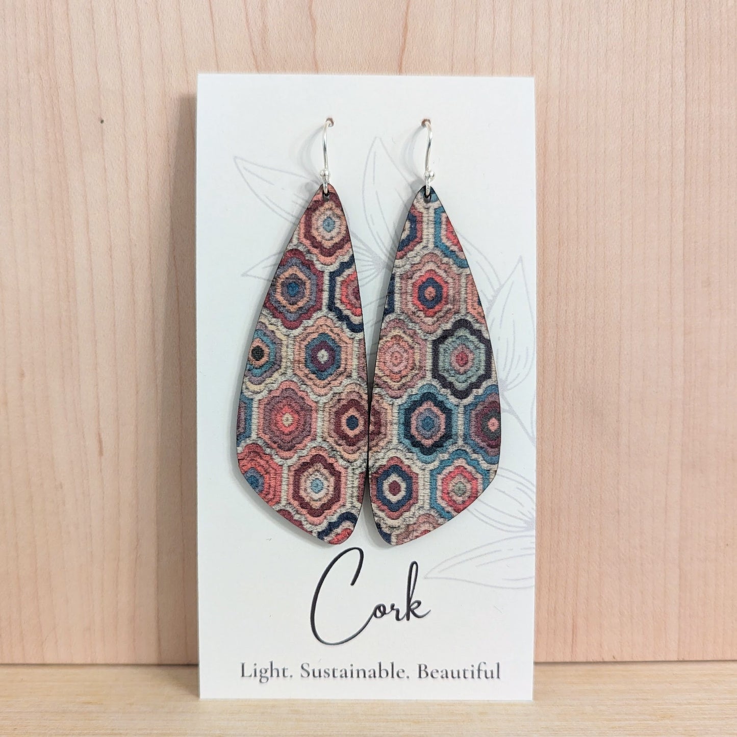 Embroidered Hexagons Cork Earrings - Wing