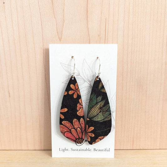 Floral on Black Cork Earrings - Small Wing