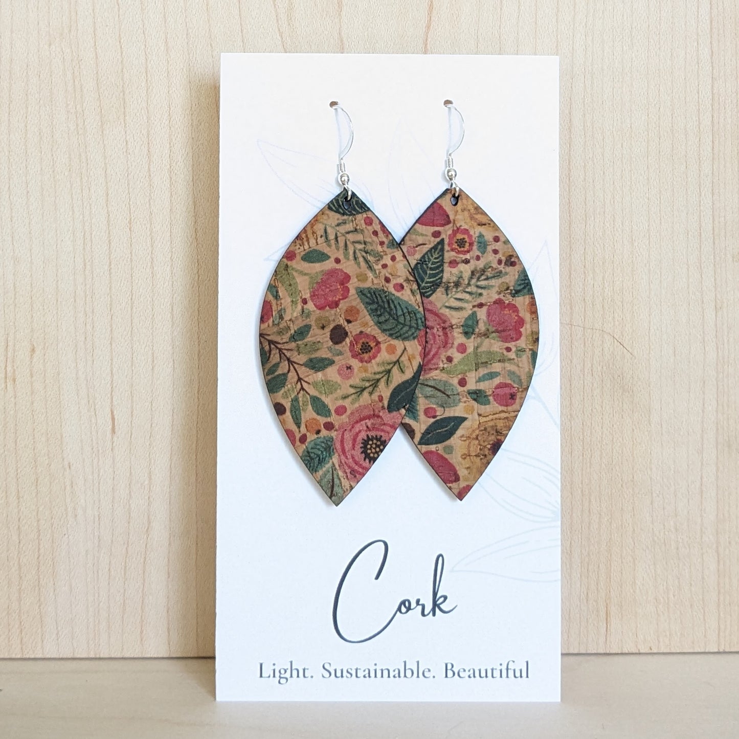 Green and Pink Floral Cork Earrings - Leaf