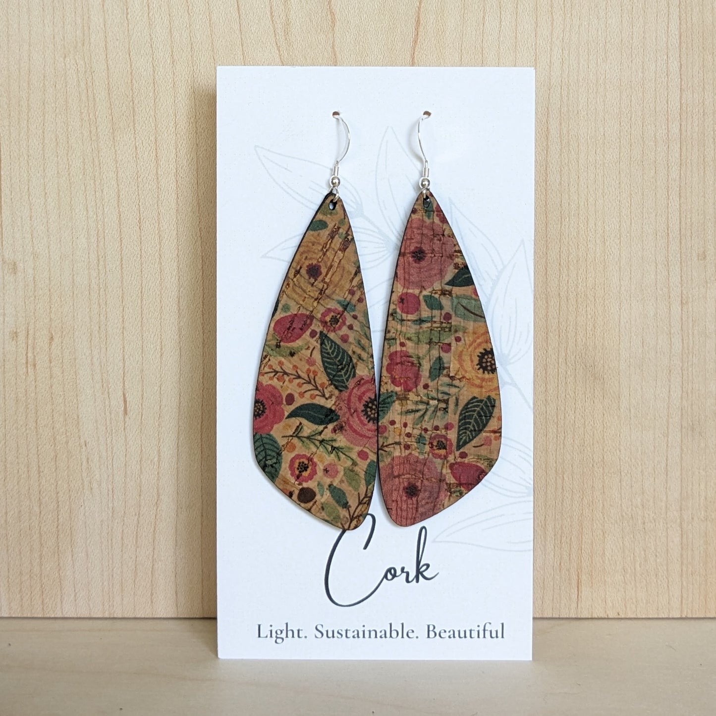 Green and Pink Floral Cork Earrings - Wing