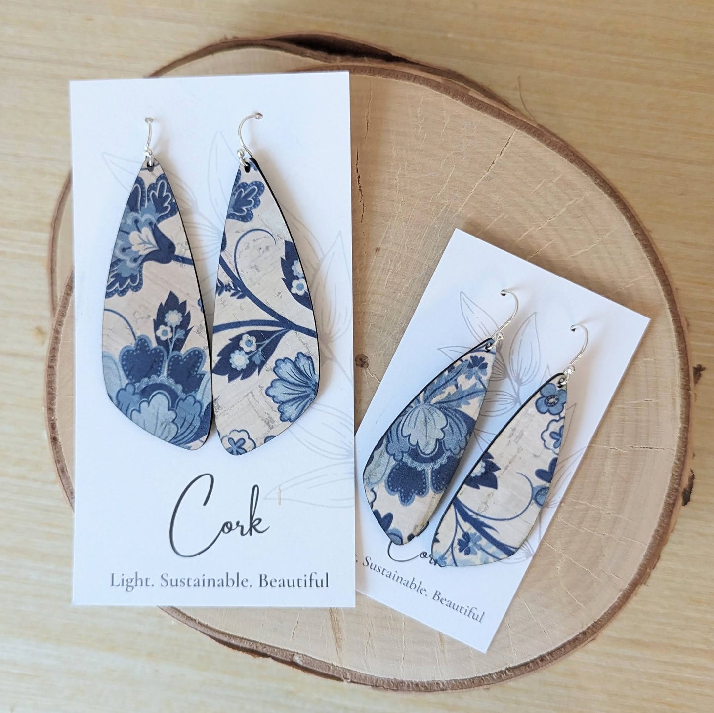 Blue and White Floral Cork Earrings - Small Wing