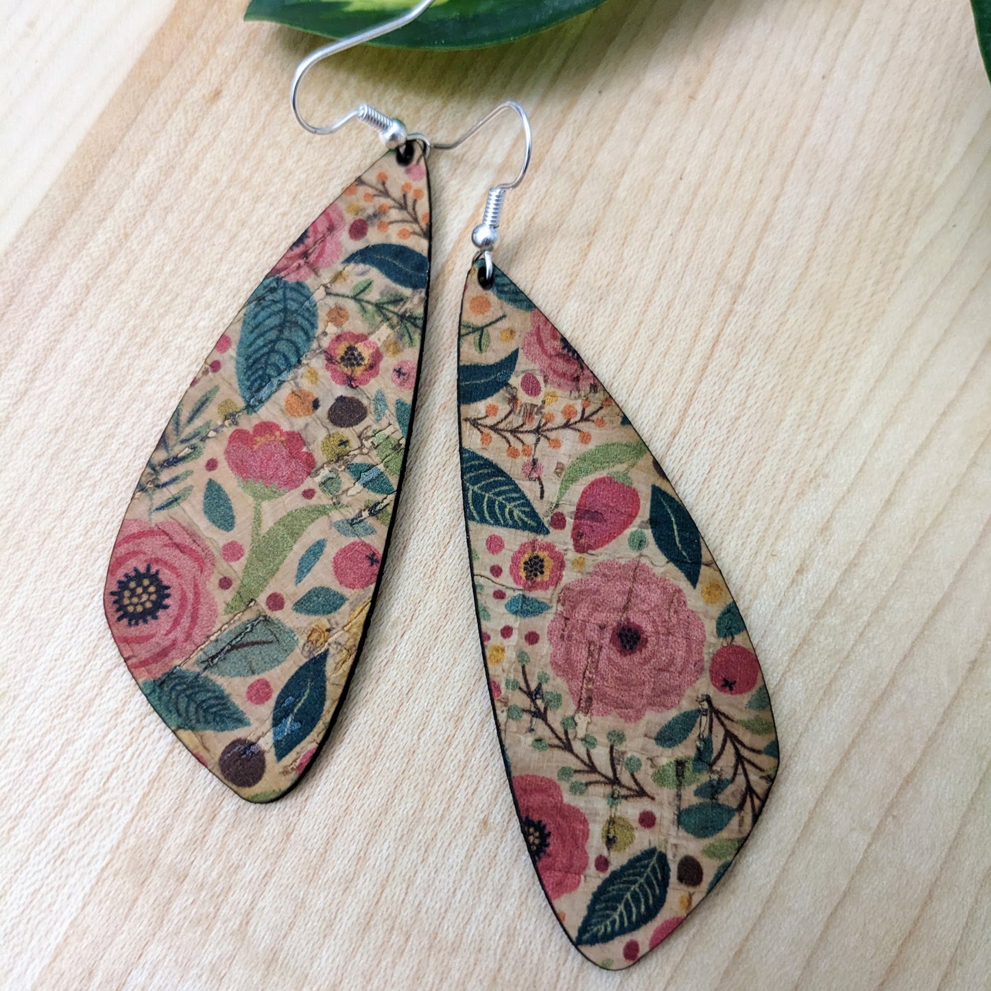 Green and Pink Floral Cork Earrings - Wing