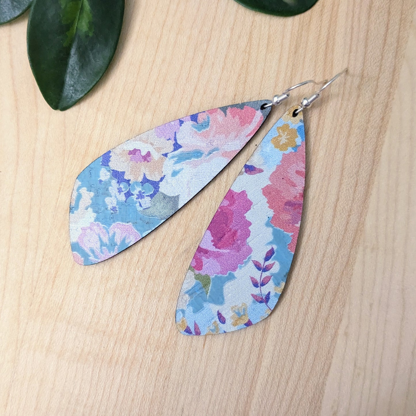 Spring Floral on Blue Cork Earrings - Wing